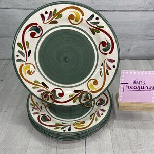 Home VILLA SCROLL Red Vines Green Center & Trim Stoneware Dinner Plates Set of 4